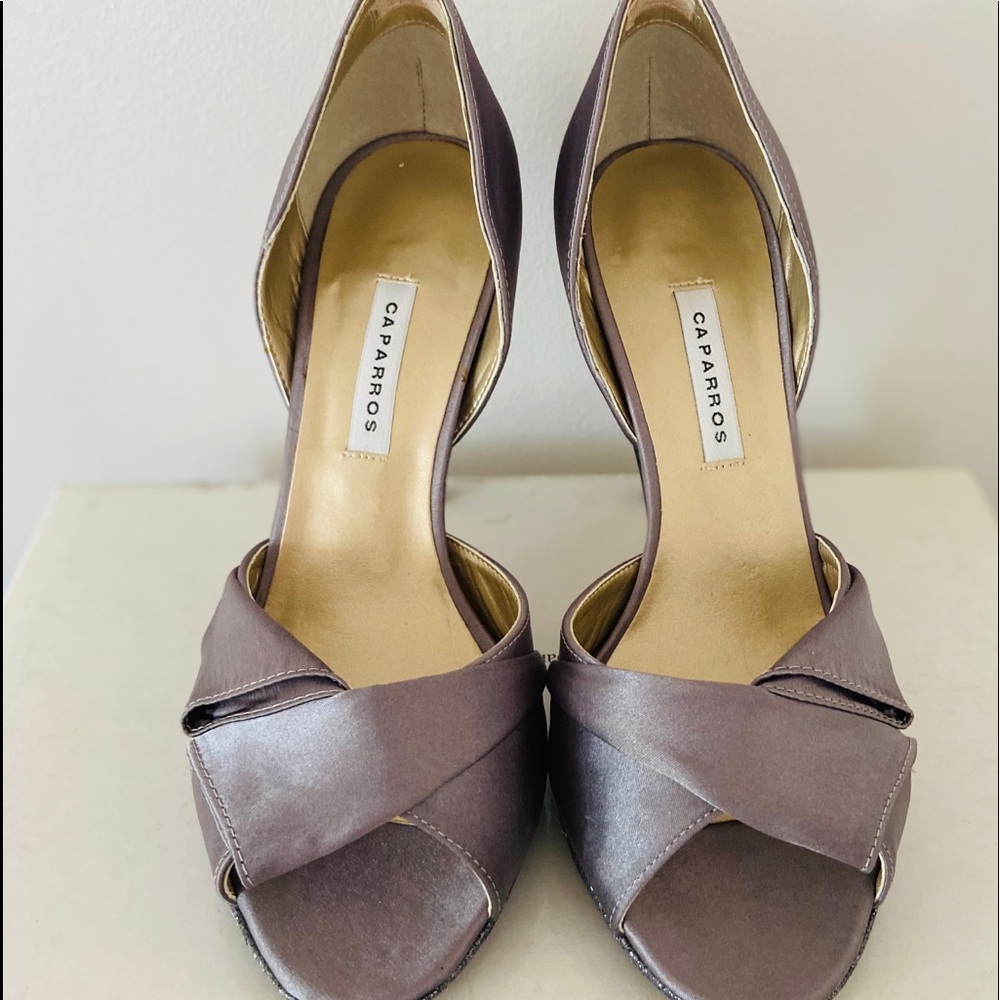 Grey, open toed, glittery heels